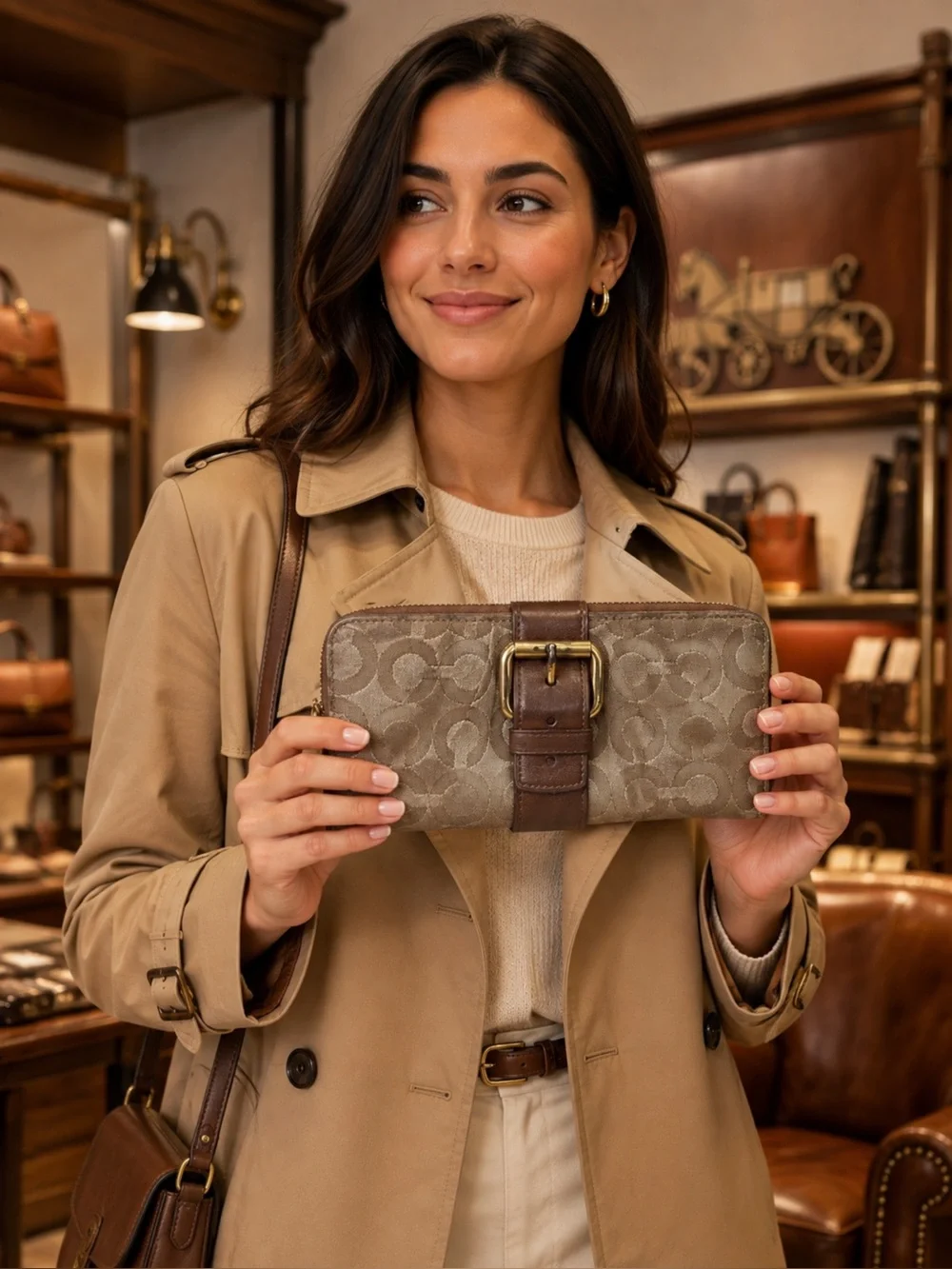 Coach Beige Signature Canvas Zip Wallet with Brown Leather Buckle